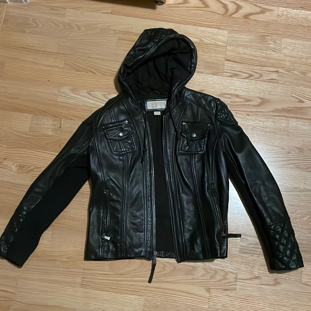 Michael Kors Black Leather Hooded Jacket. Size L